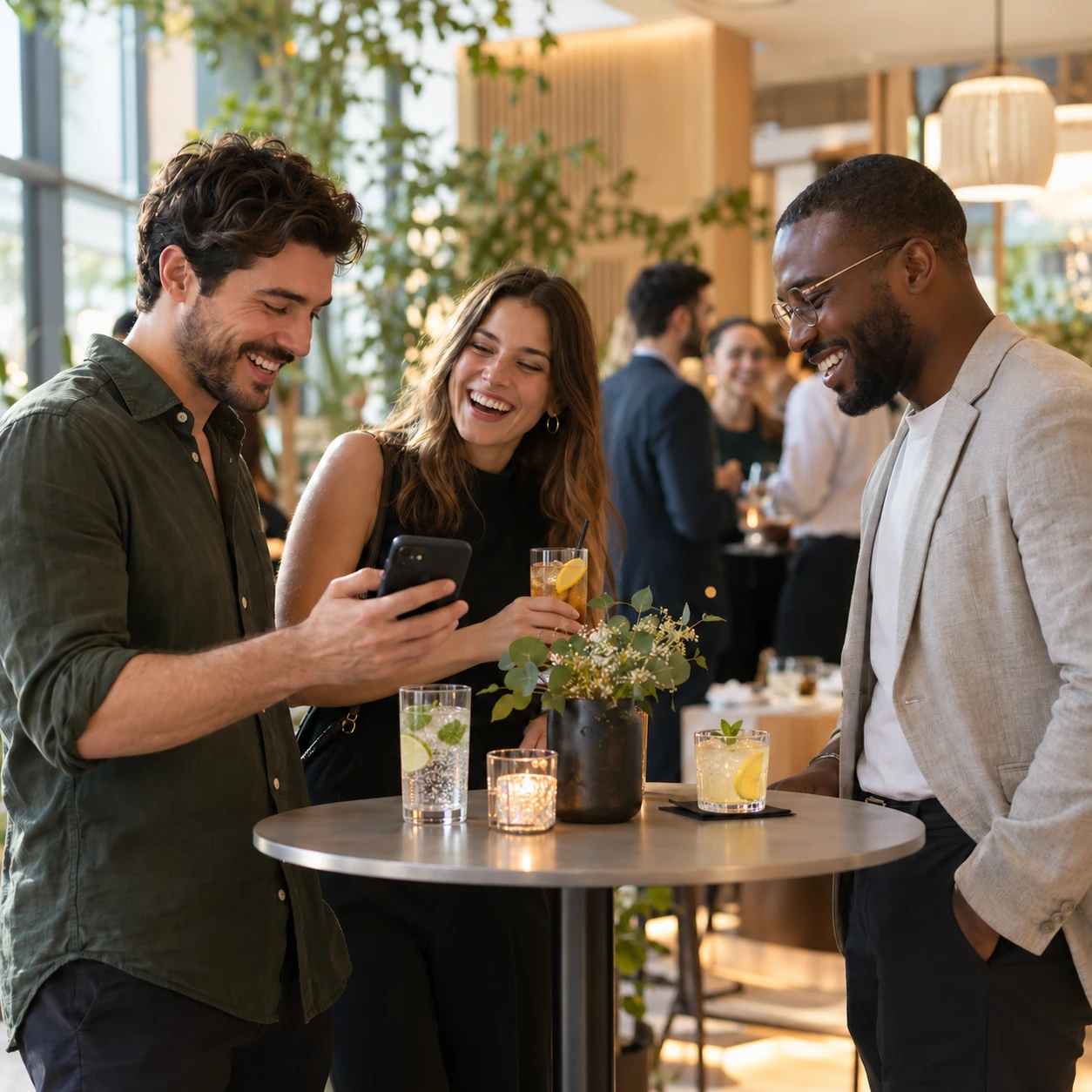 Alumni beim Networking an einem Stehtisch